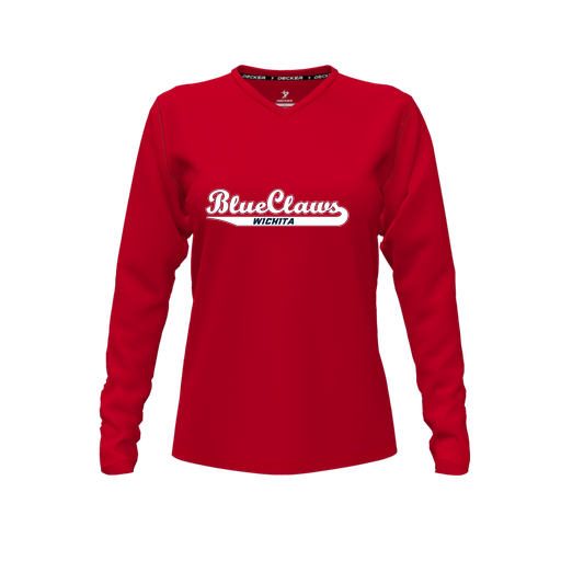 [CUS-DFW-TEES-PER-VNK-LSL-RED-FYXS-LOGO2] Performance T-Shirt (Female Youth XS, Red, V Neck, Logo 2, Long Sleeve)